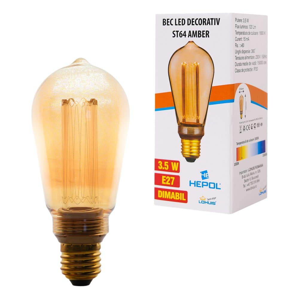 Bec LED decorativ ST64 AMBER, 4W, dimabil, E27, 120 lm, 1800K