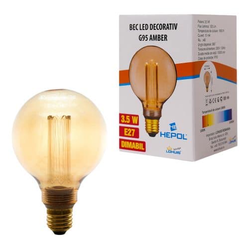 Bec LED decorativ G95 AMBER, 3.5W, dimabil, E27, 120 lm, 1800K