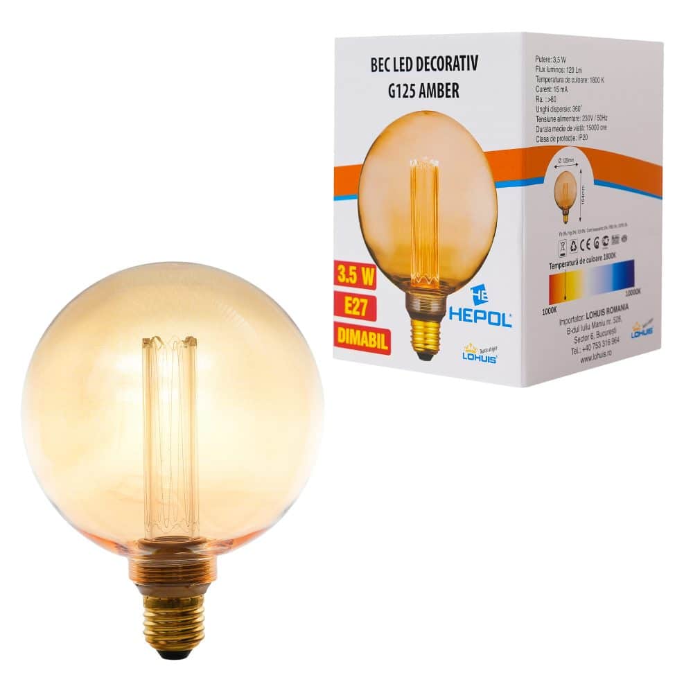 Bec LED decorativ G125 AMBER, 3.5W, dimabil, E27, 120 lm, 1800K