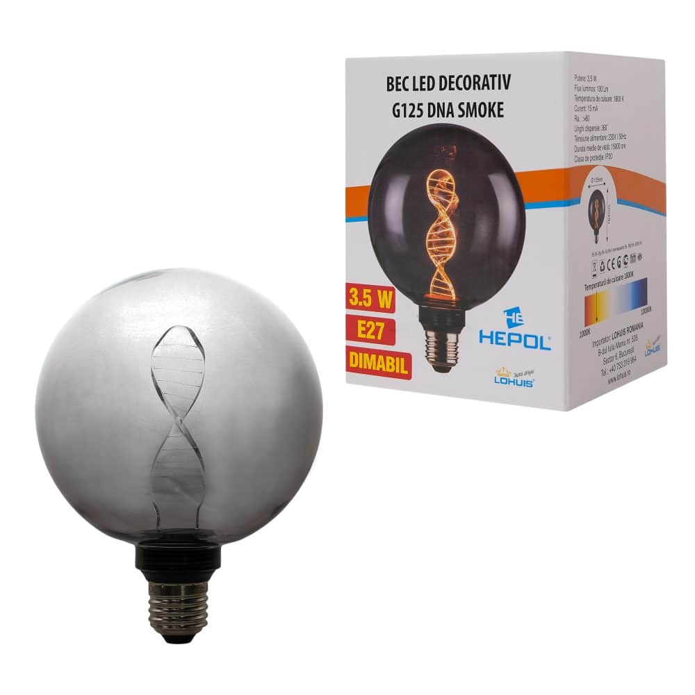 Bec LED decorativ G125 DNA SMOKE, 3.5W, dimabil, E27, 130 lm, 1800K