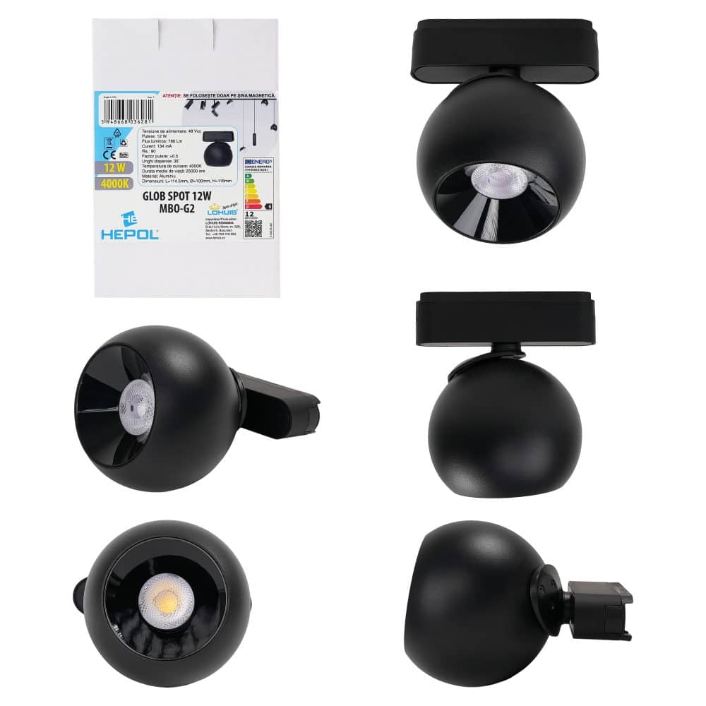 Spot glob LED pentru sina magnetica slim, 12W, 48Vdc, 780 lm, 4000K, MBO-G2