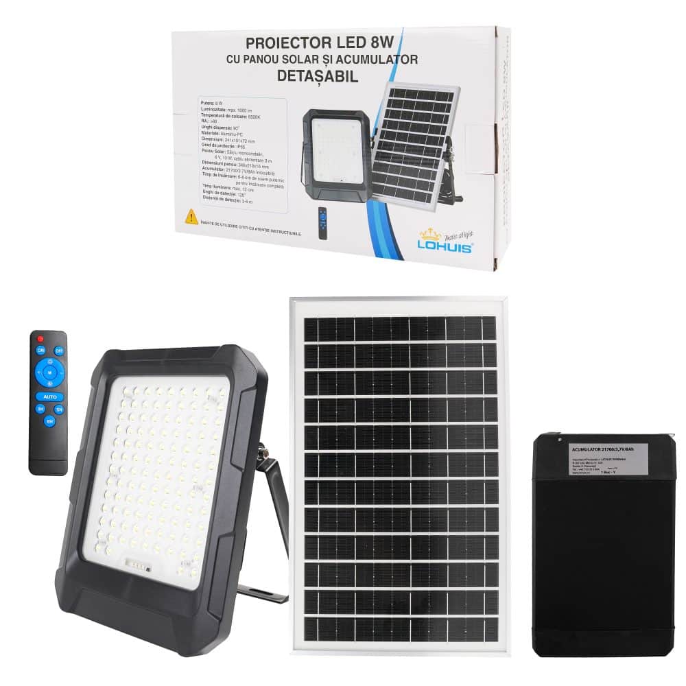 Proiector LED cu panou solar si acumulator detasabil, 8W, 1000 lm, IP65