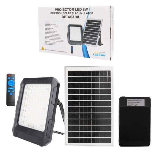 Proiector LED cu panou solar si acumulator detasabil, 8W, 1000 lm, IP65