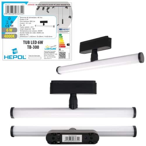 Corp iluminat tub LED pentru sina magnetica slim, 6W, 48Vdc, 600 lm, 4000K, TB-300