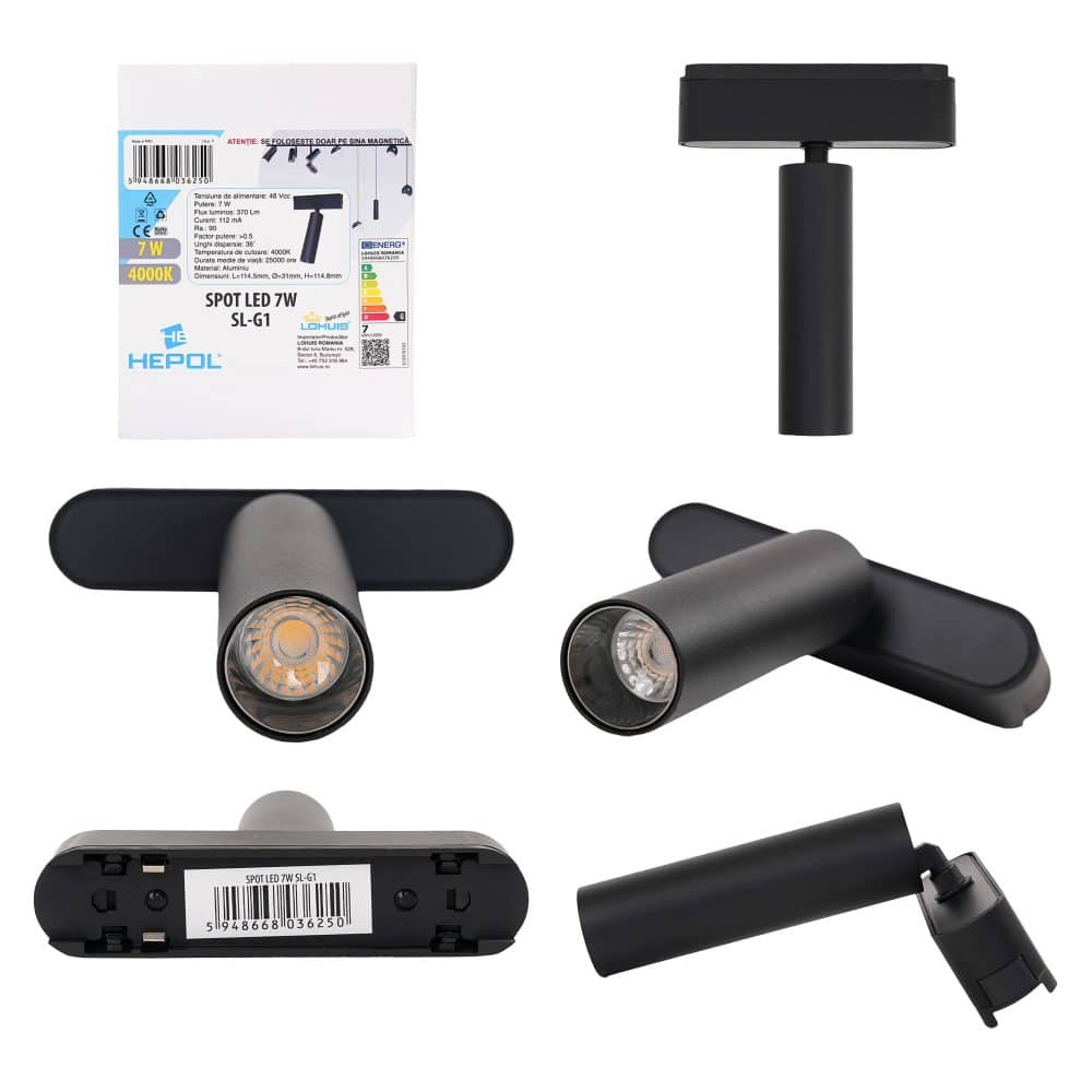 Spot LED pentru sina magnetica slim, 7W, 48Vdc, 370 lm, 4000K, SL-G1