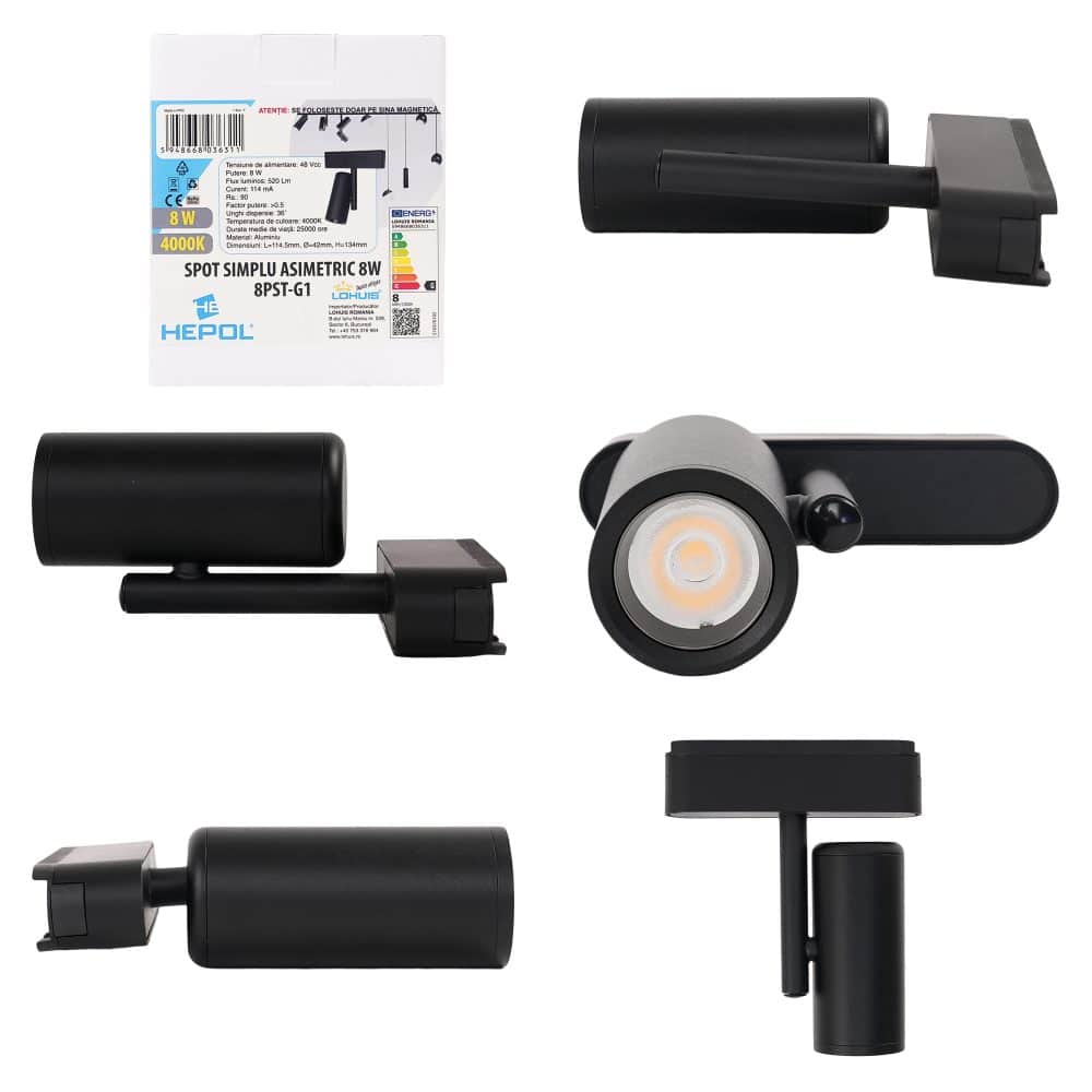 Spot simplu asimetric LED pentru sina magnetica slim, 8W, 48Vdc, 520 lm, 4000K, 8PST-G1